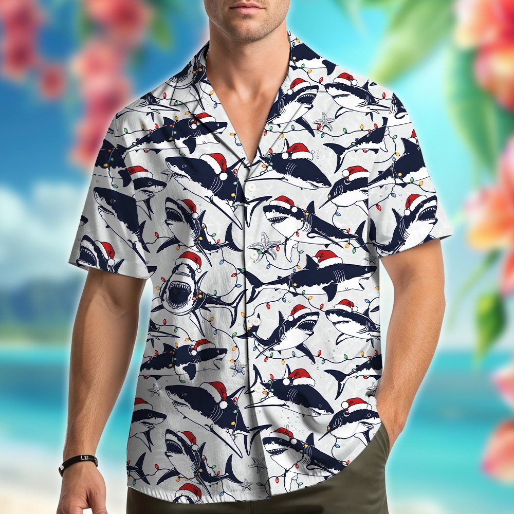 Matching family hawaiian shirt featuring holiday sea creatures in Santa hats, back view