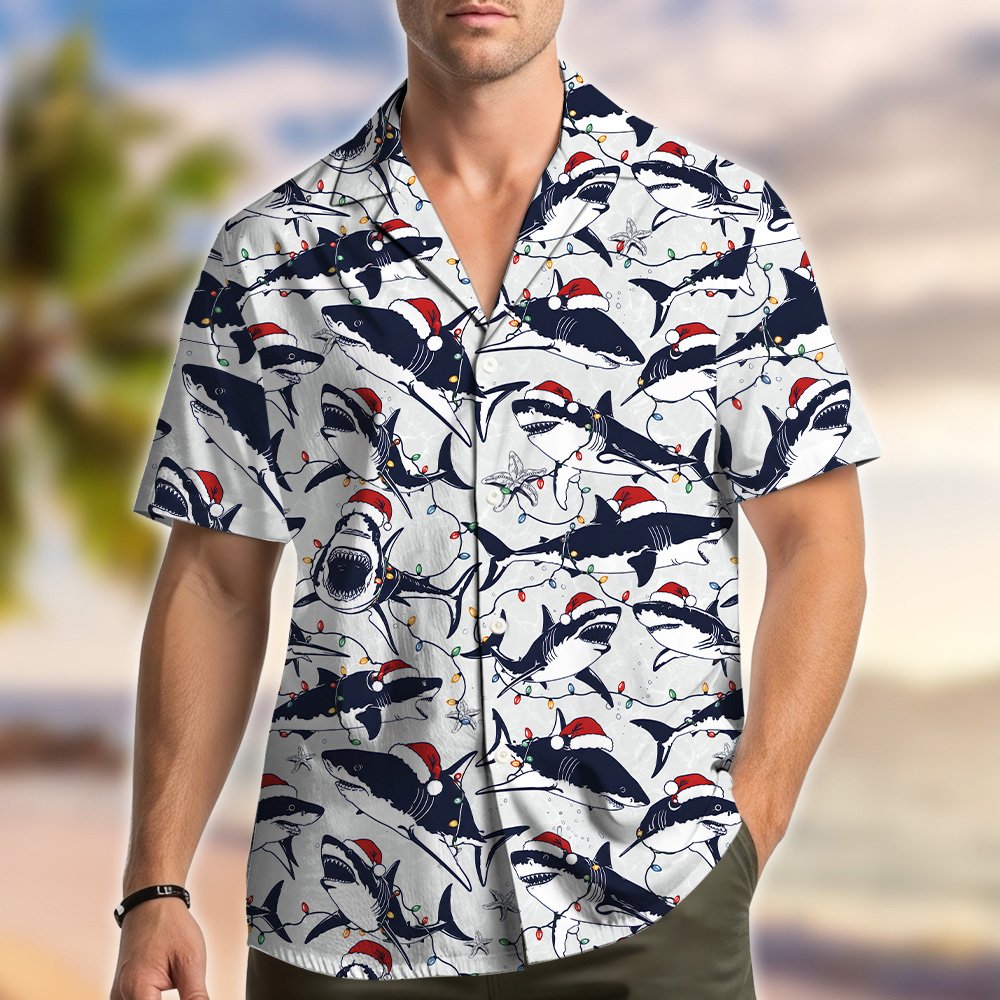 Matching family hawaiian shirt featuring holiday sea creatures in Santa hats, front view 2