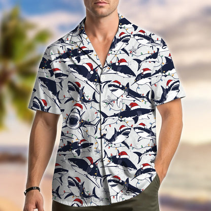 Matching family hawaiian shirt featuring holiday sea creatures in Santa hats, front view 2