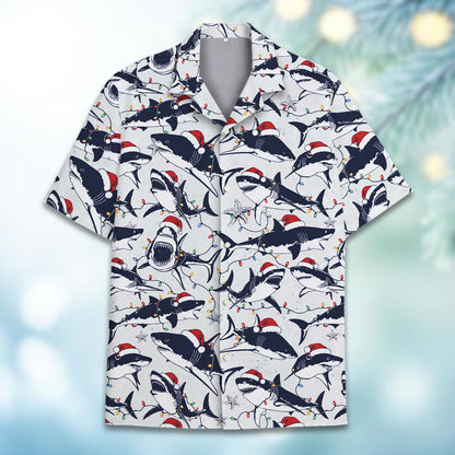 Matching family hawaiian shirt featuring holiday sea creatures in Santa hats, front view 3