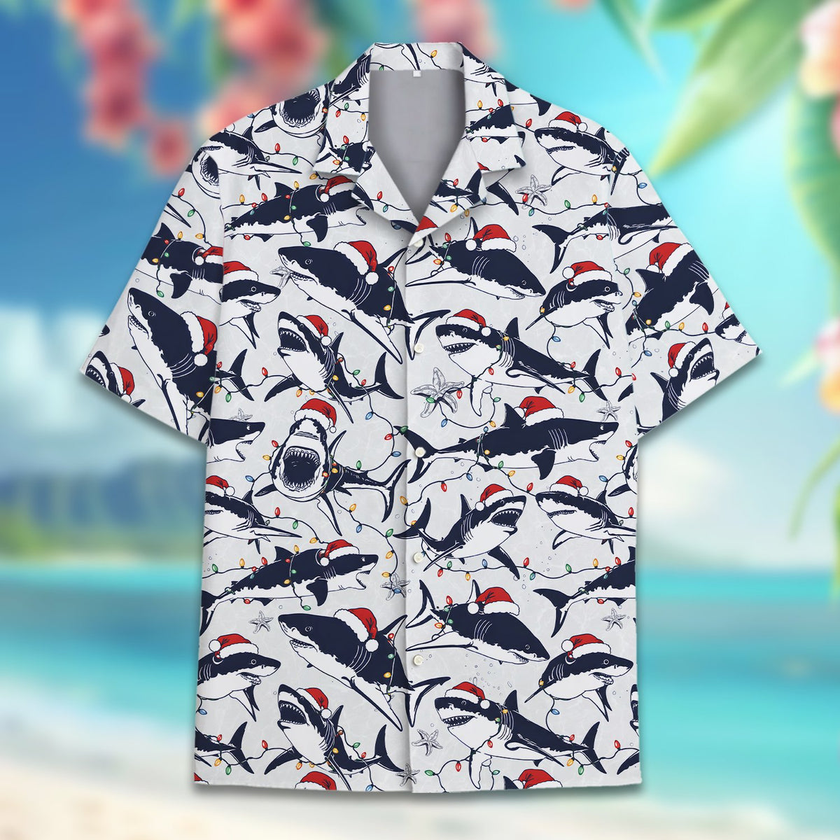 Matching family hawaiian shirt featuring holiday sea creatures in Santa hats, front view 4