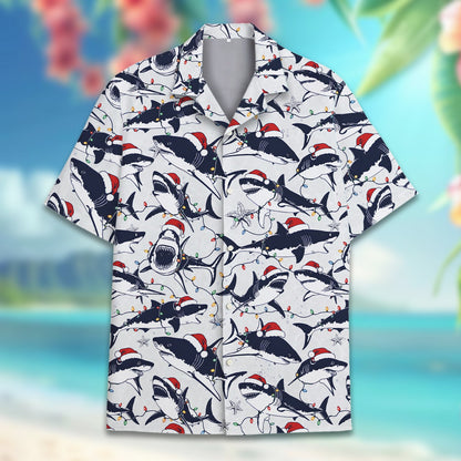 Matching family hawaiian shirt featuring holiday sea creatures in Santa hats, front view 4