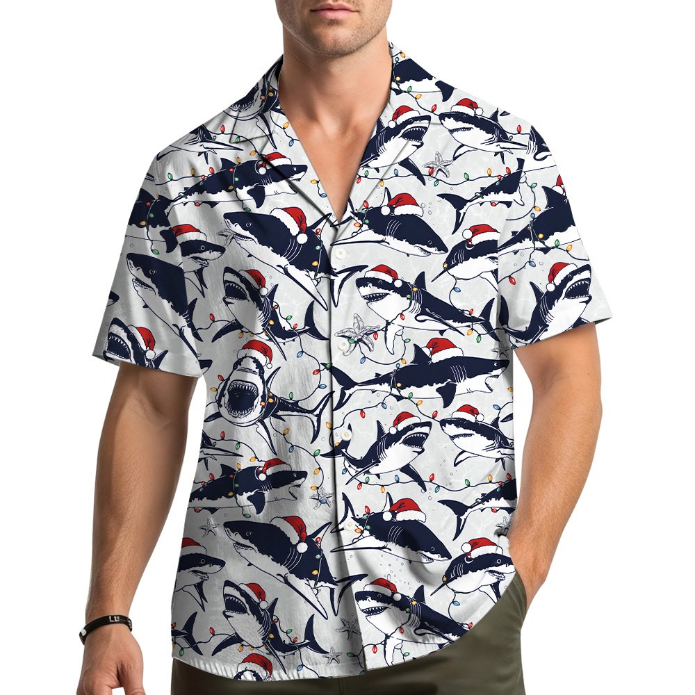Matching family hawaiian shirt featuring holiday sea creatures in Santa hats, front view