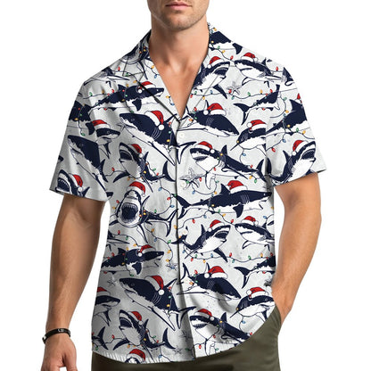 Matching family hawaiian shirt featuring holiday sea creatures in Santa hats, front view