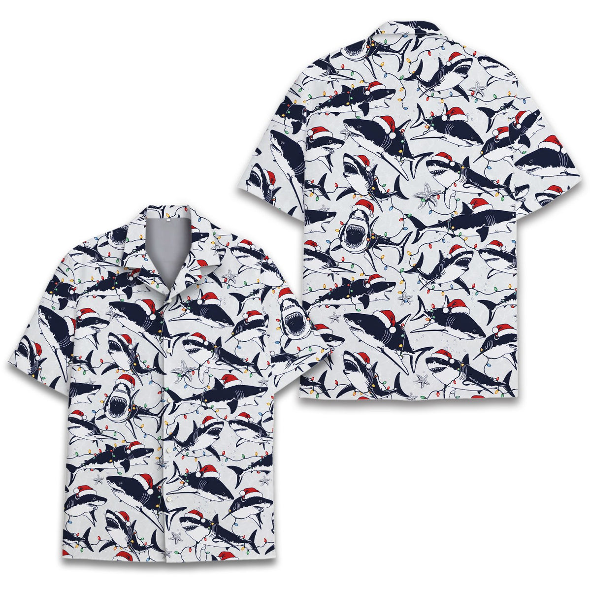 Matching family hawaiian shirt featuring holiday sea creatures in Santa hats, lifestyle view 2