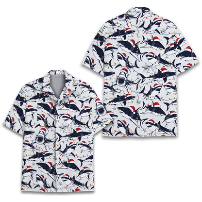 Matching family hawaiian shirt featuring holiday sea creatures in Santa hats, lifestyle view 2