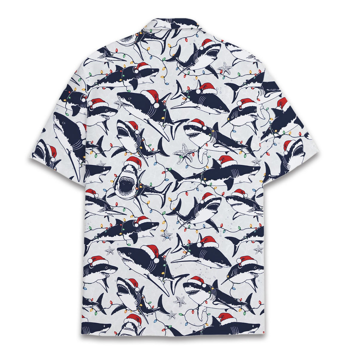 Matching family hawaiian shirt featuring holiday sea creatures in Santa hats, lifestyle view