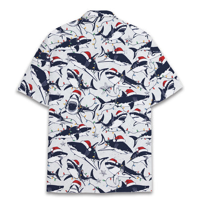Matching family hawaiian shirt featuring holiday sea creatures in Santa hats, lifestyle view