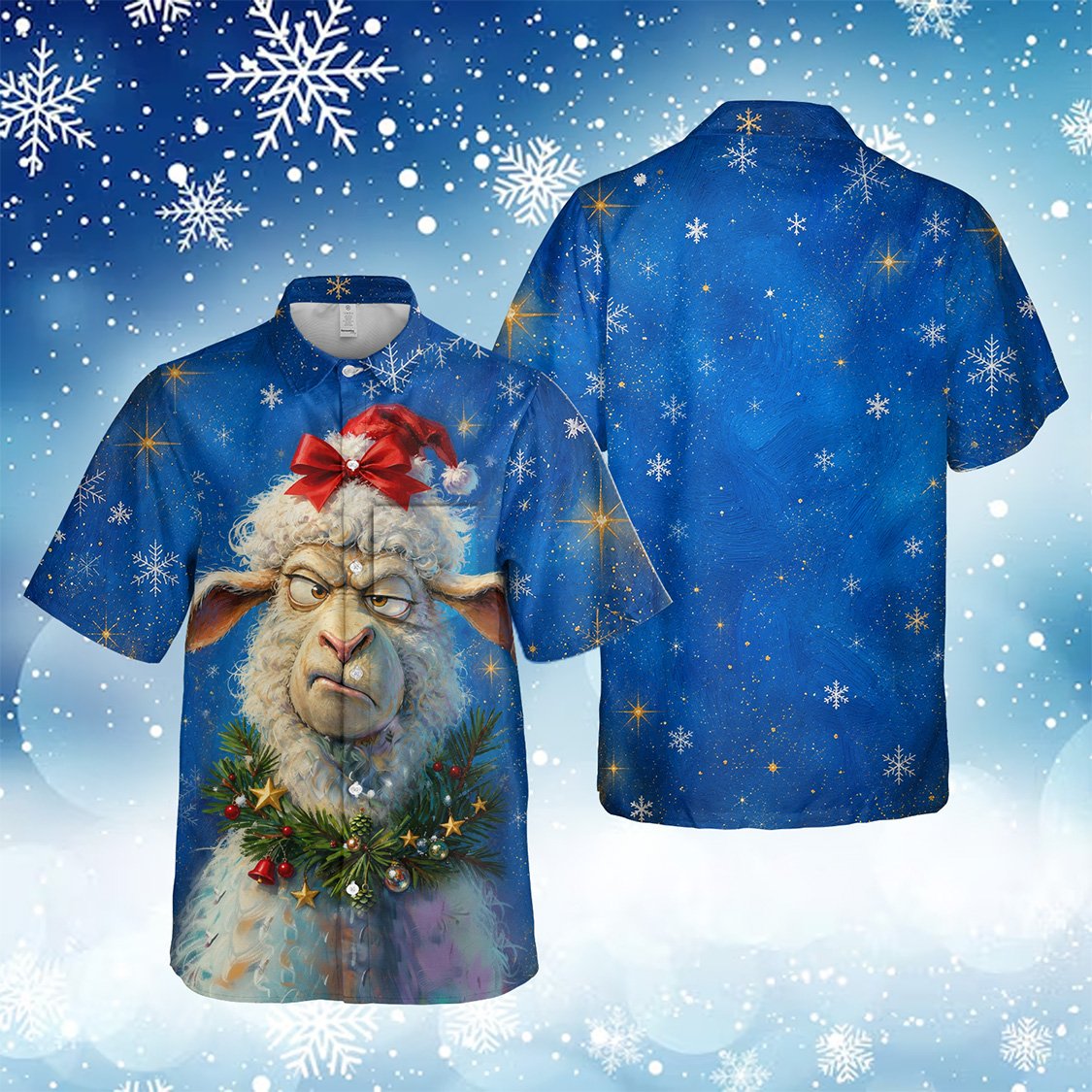 Close-up front view of the festive sheep hawaiian shirt