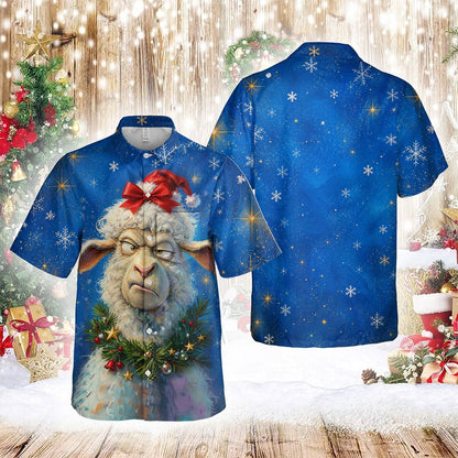 Detailed front view of the blue Christmas sheep hawaiian shirt