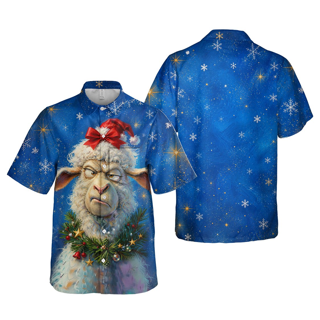 Front view of the matching family hawaiian shirt with Christmas sheep design