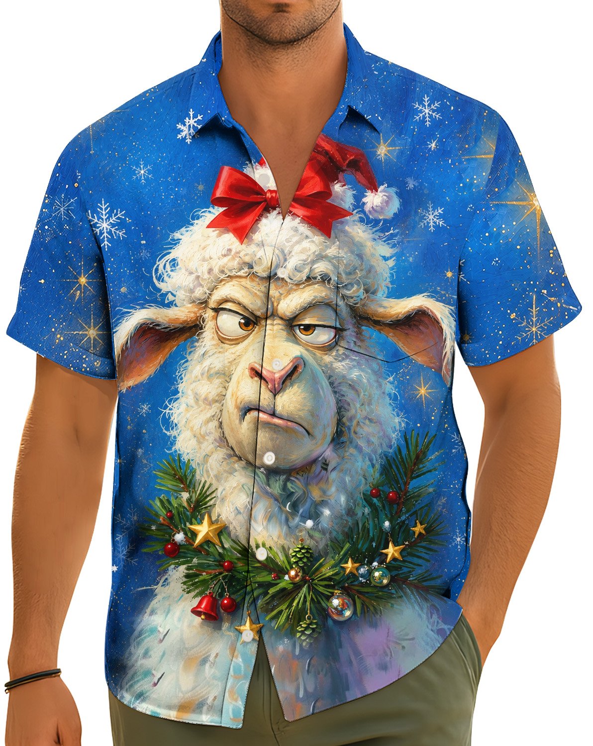 Second lifestyle view of the Christmas sheep hawaiian shirt