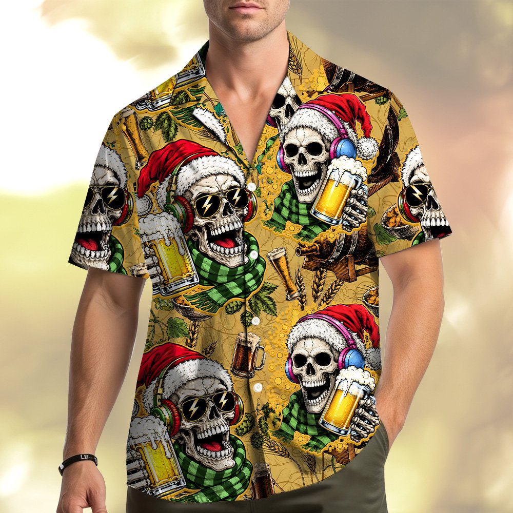 Back view of the Christmas skeleton and beer hawaiian shirt