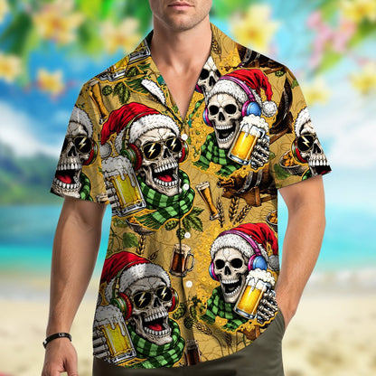Detailed front view of the matching family hawaiian shirts with holiday skeleton pattern