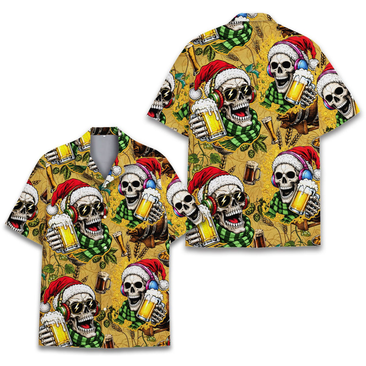 Front angle of the festive skeleton hawaiian shirt on a yellow background