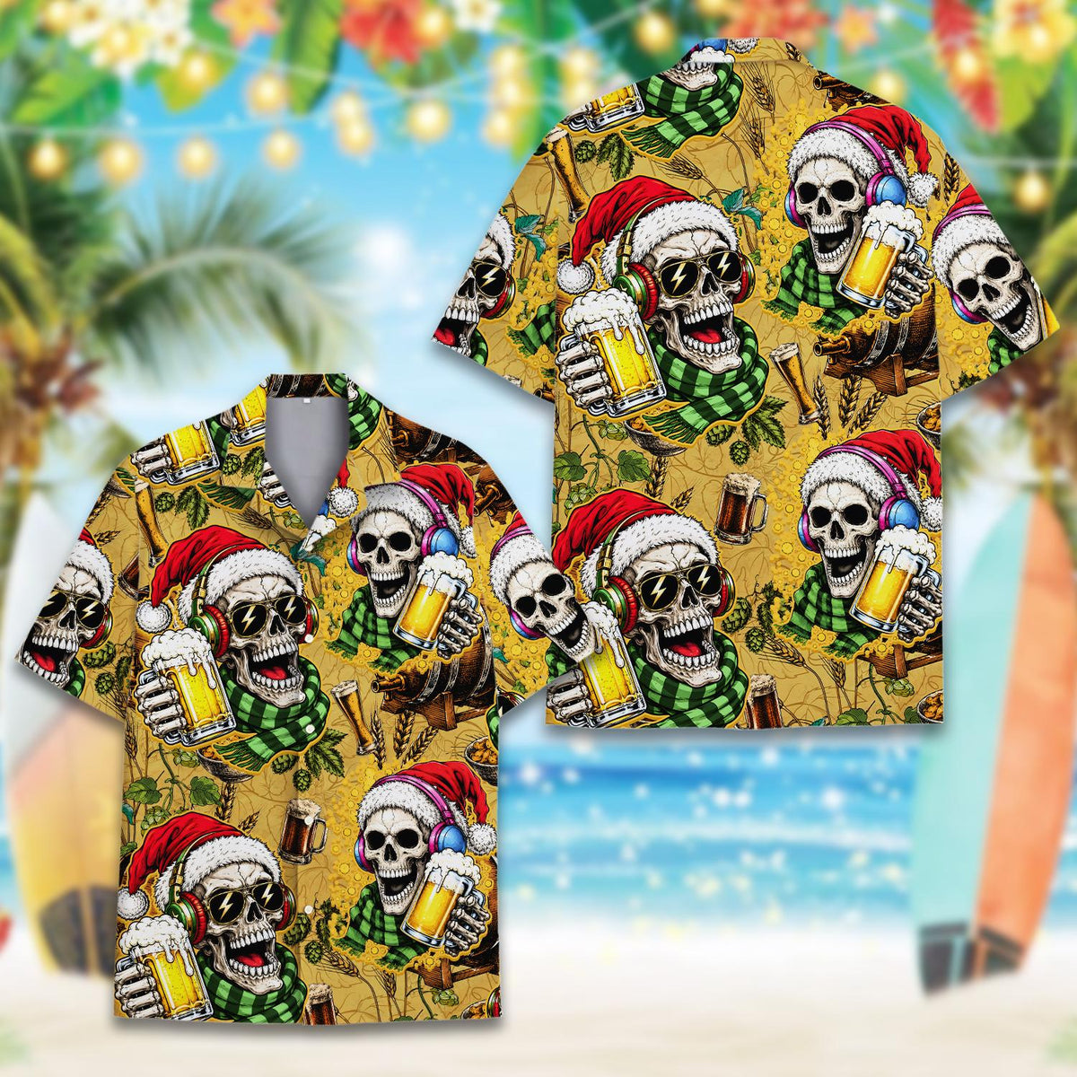 Festive holiday hawaiian shirt with beer and Santa hat skeleton design, front view