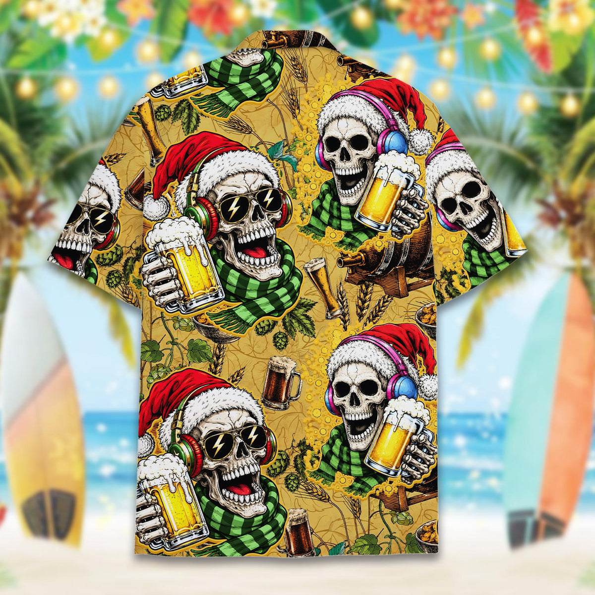 Front layout of the christmas hawaiian shirt showing hops and barrel details