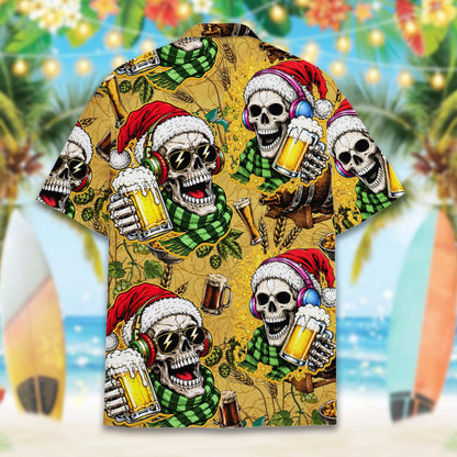 Front layout of the christmas hawaiian shirt showing hops and barrel details