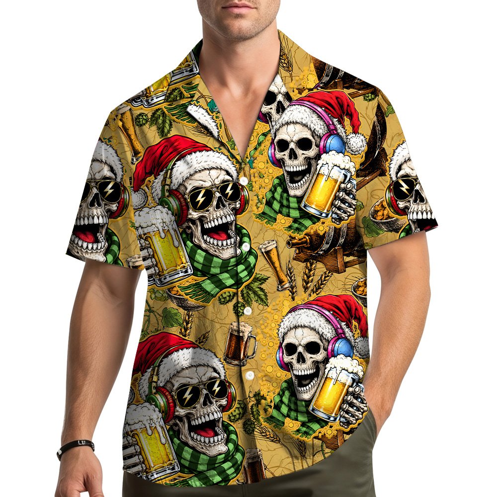 Matching family hawaiian shirts featuring a Christmas skeleton and beer design, front view
