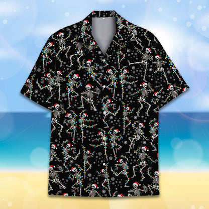 Close up front view of the dancing skeletons hawaiian shirt