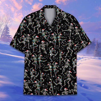 Front view of the black hawaiian shirt with skeletons and santa hats