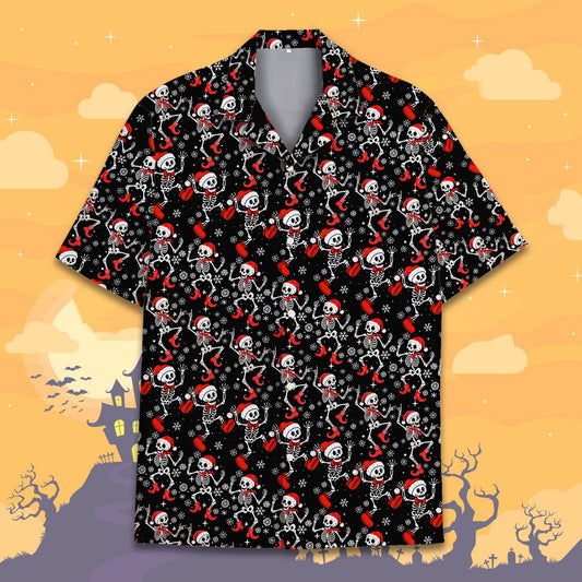 Main view of the matching family Hawaiian shirts featuring a black background and Christmas skeletons design
