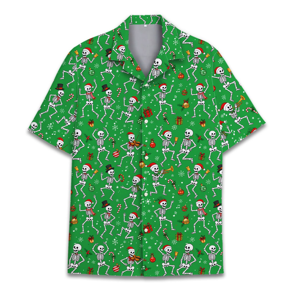 Matching family hawaiian shirts featuring green christmas skeletons design, front view