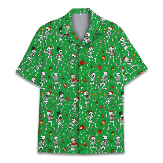Matching family hawaiian shirts featuring green christmas skeletons design, front view