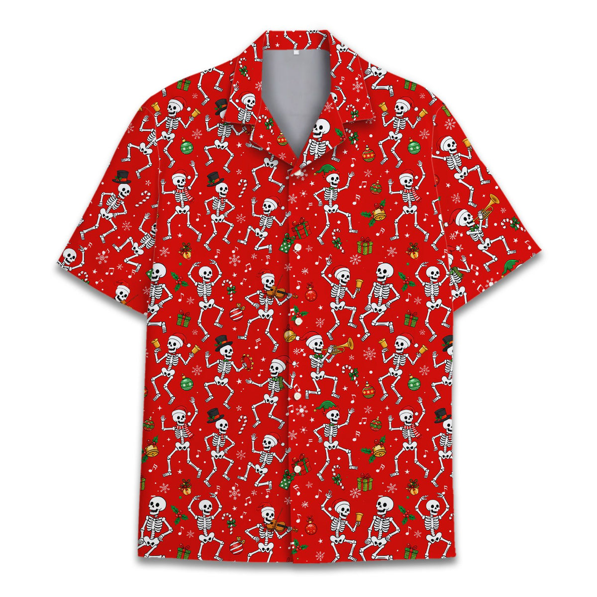 Red christmas skeletons hawaiian shirt featuring dancing skeletons and presents, front view