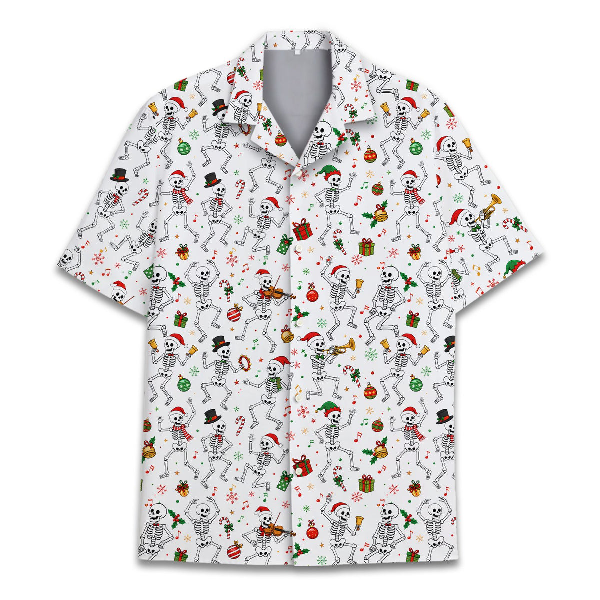 White christmas skeletons hawaiian shirt with festive holiday print, front view
