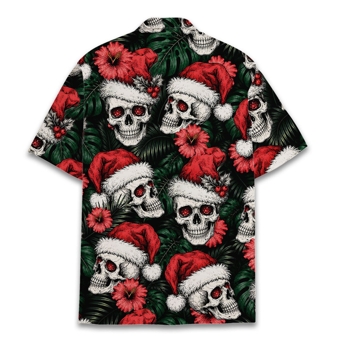 Christmas skulls hawaiian shirt with Santa hats and hibiscus, back view
