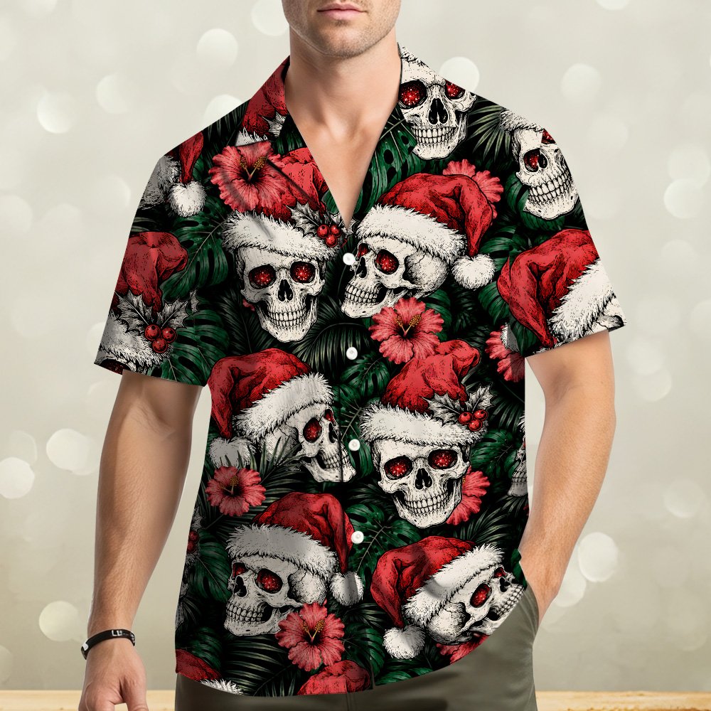 Adult matching family hawaiian shirts in Christmas skulls pattern, front view 2