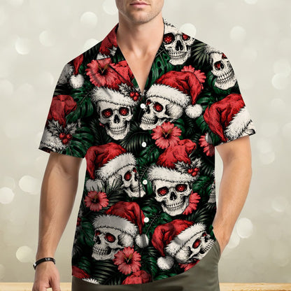 Adult matching family hawaiian shirts in Christmas skulls pattern, front view 2