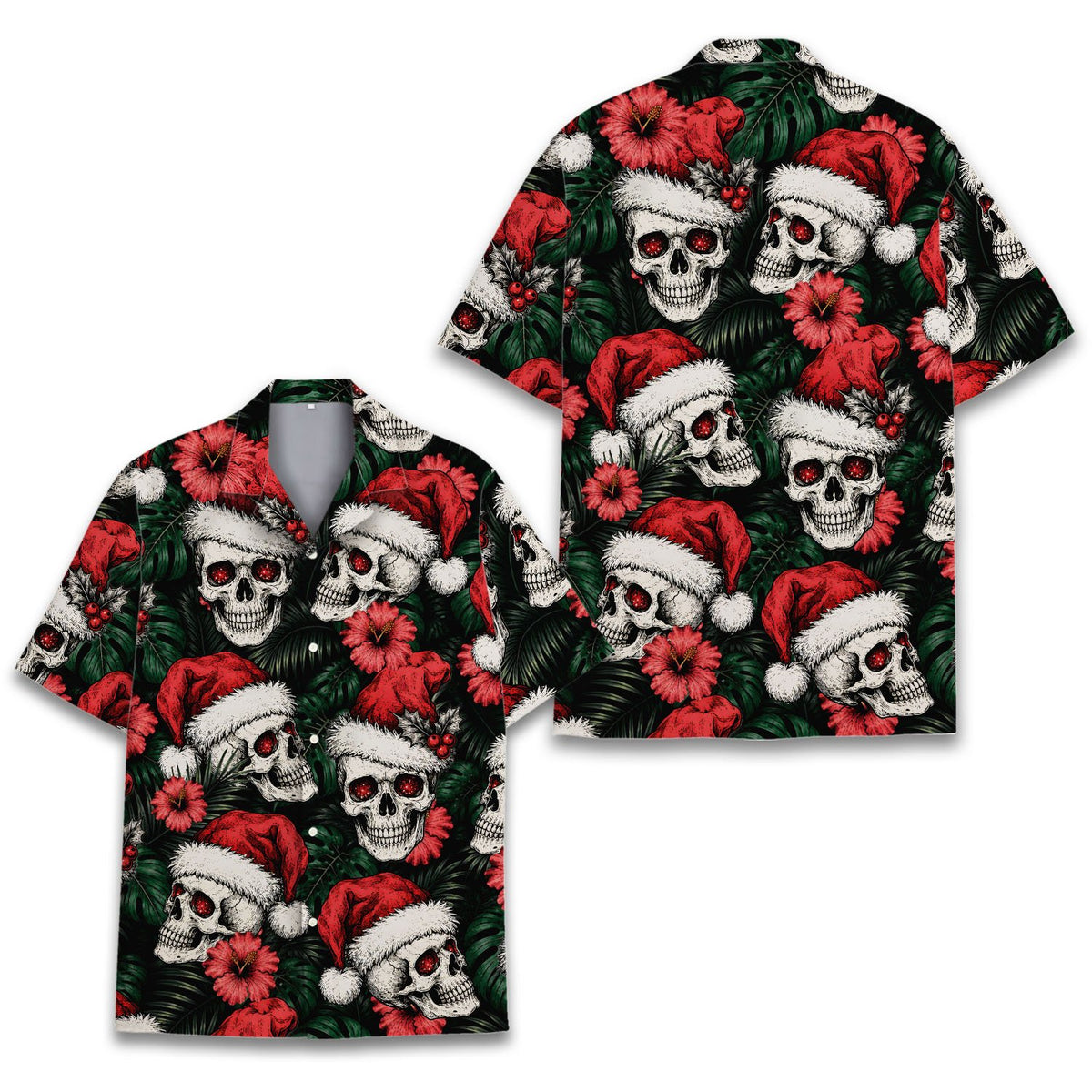 Adult matching family hawaiian shirts in Christmas skulls pattern, front view 3