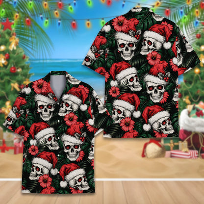 Adult matching family hawaiian shirts in Christmas skulls pattern, front view 4
