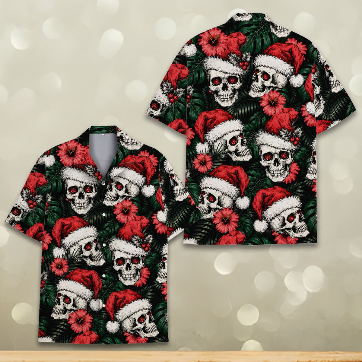 Adult matching family hawaiian shirts in Christmas skulls pattern, front view 5