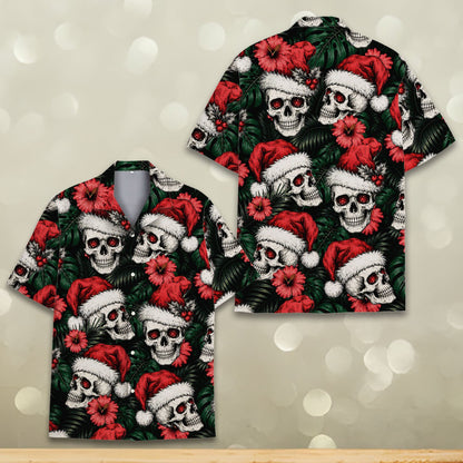 Adult matching family hawaiian shirts in Christmas skulls pattern, front view 5