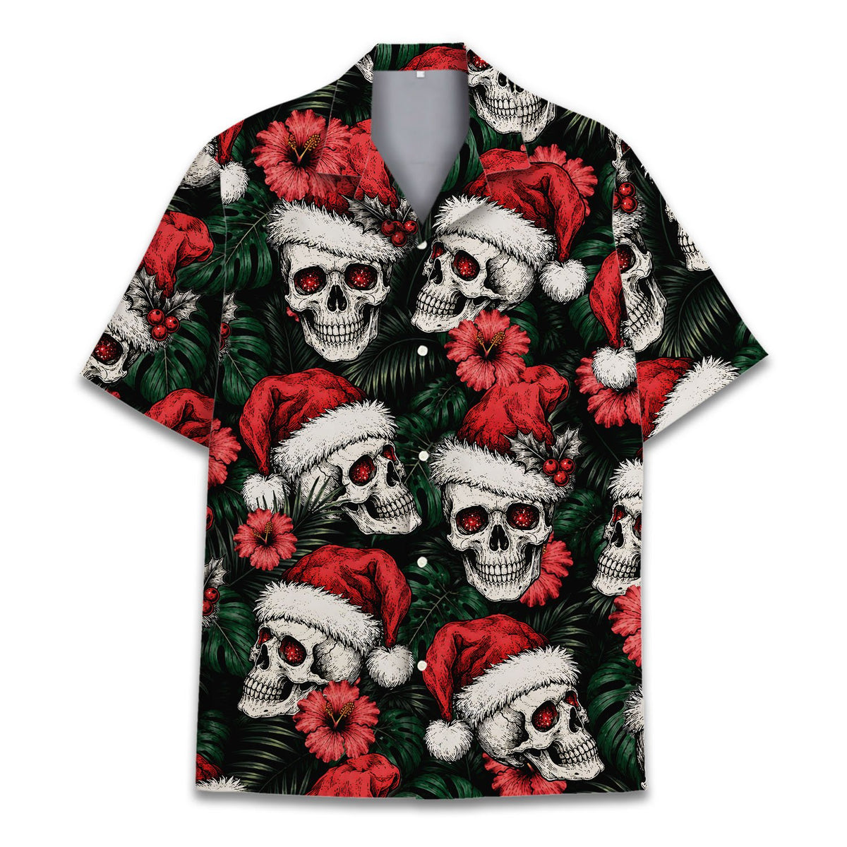Adult matching family hawaiian shirts in Christmas skulls pattern, front view 6