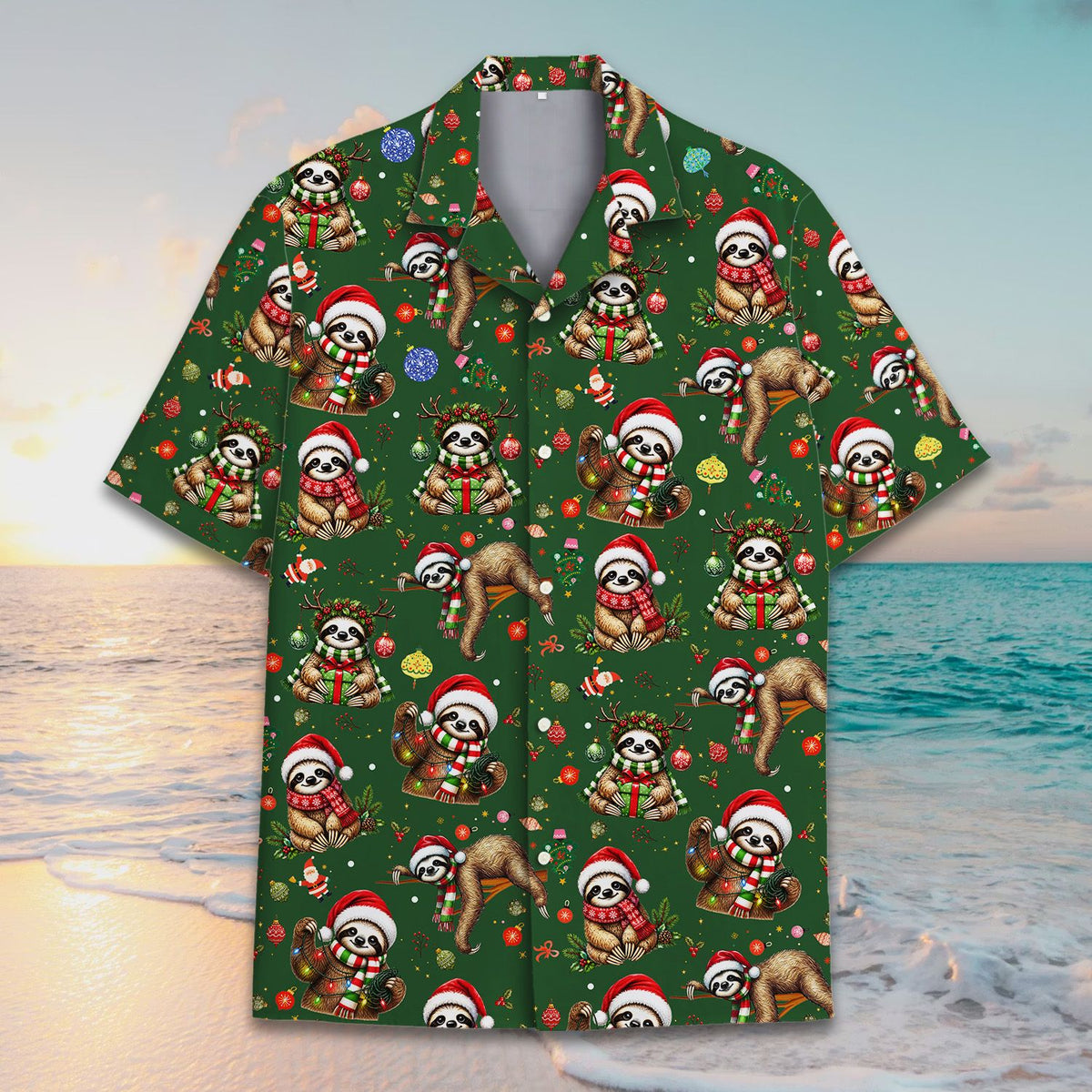 Detailed back view showing the festive sloth pattern