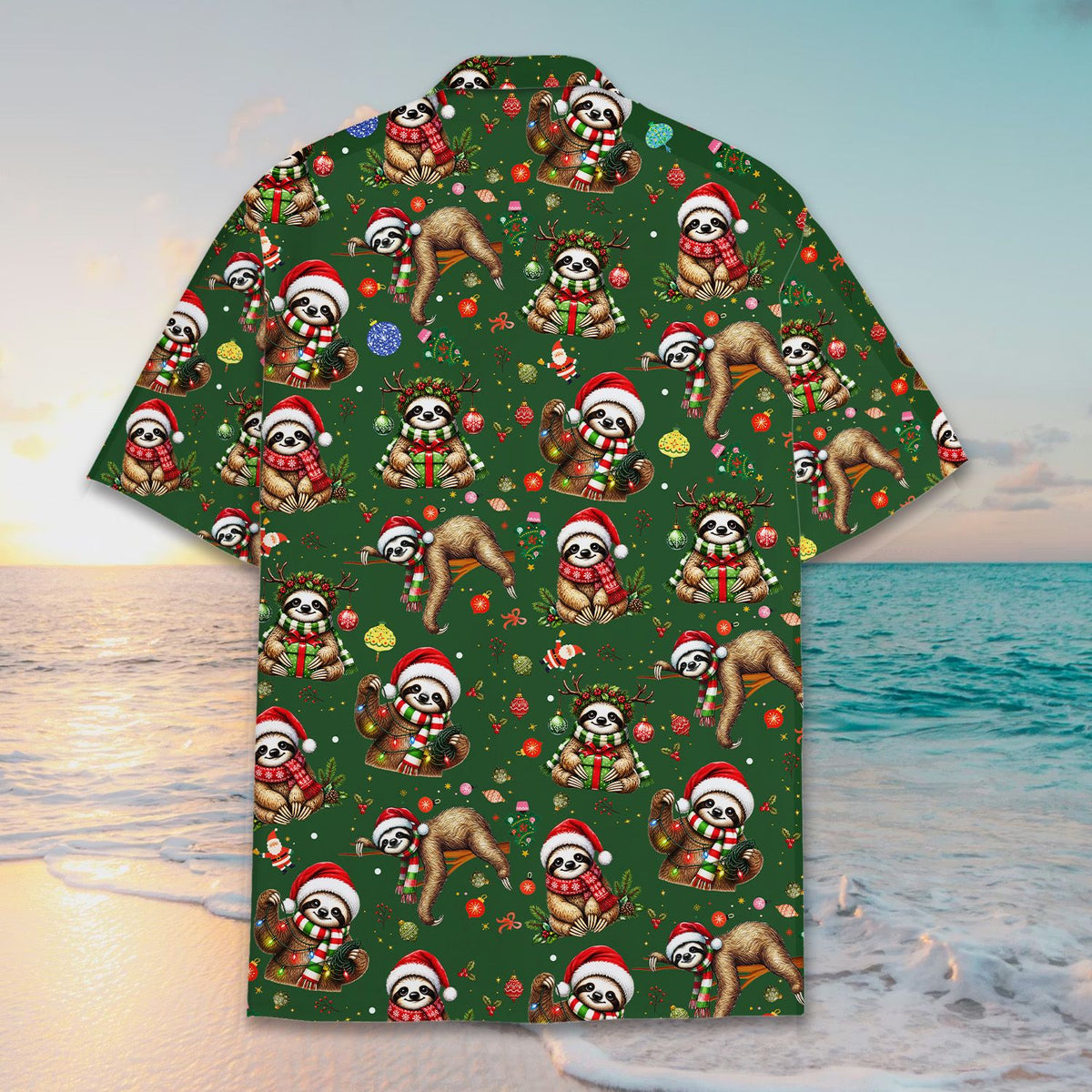 Another back angle of the green matching family hawaiian shirt