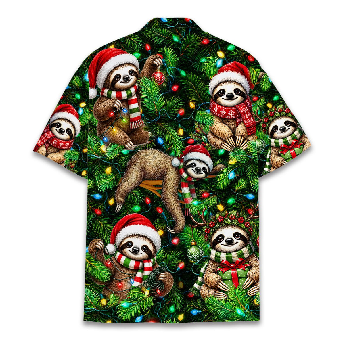 Back view of the matching family hawaiian shirts with Christmas sloths design