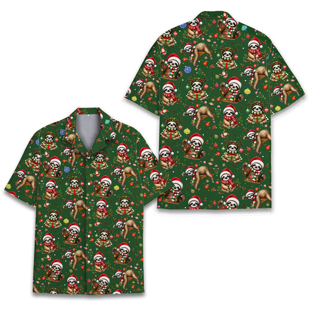 Front detail of the family matching hawaiian shirt with festive sloths