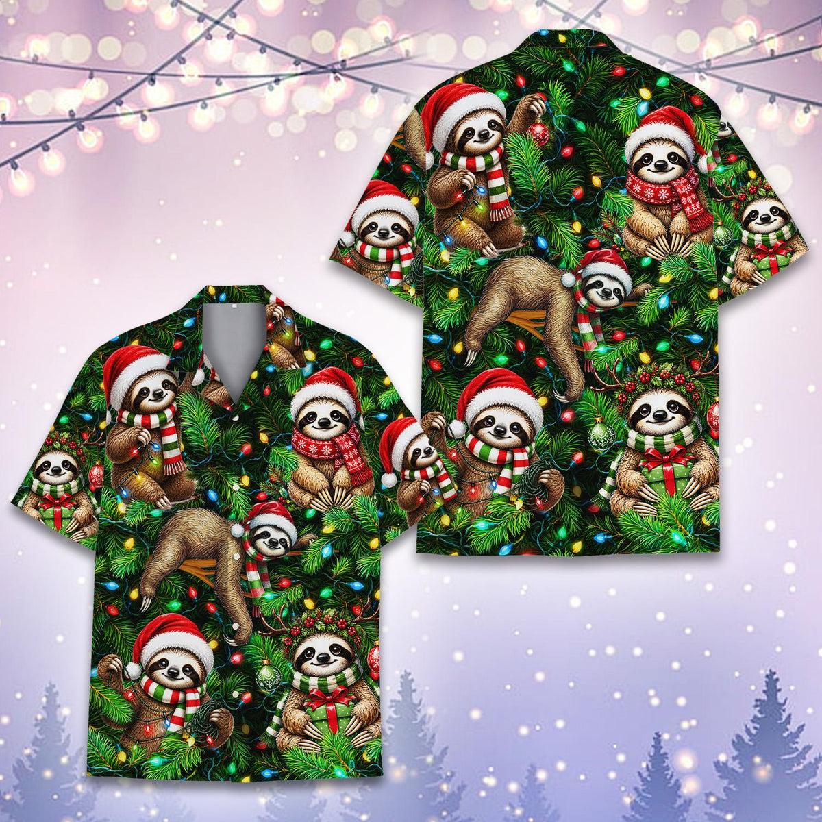 Another front view of the festive Christmas sloths hawaiian shirt