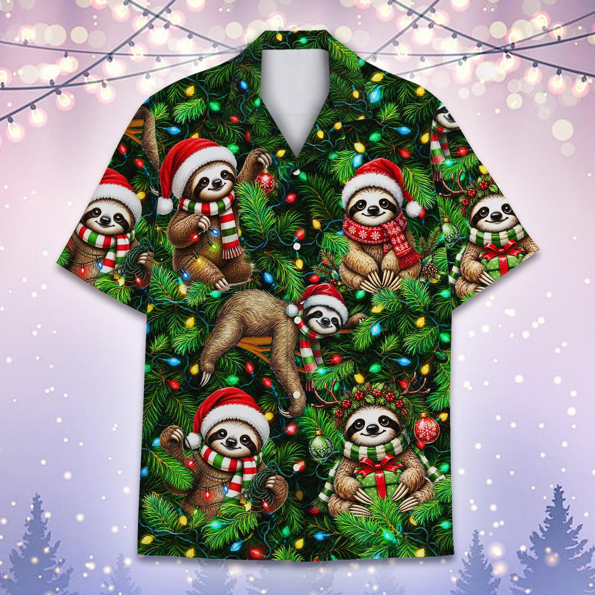 Detailed front view of the Christmas sloths hawaiian shirt