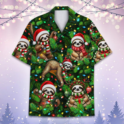 Detailed front view of the Christmas sloths hawaiian shirt