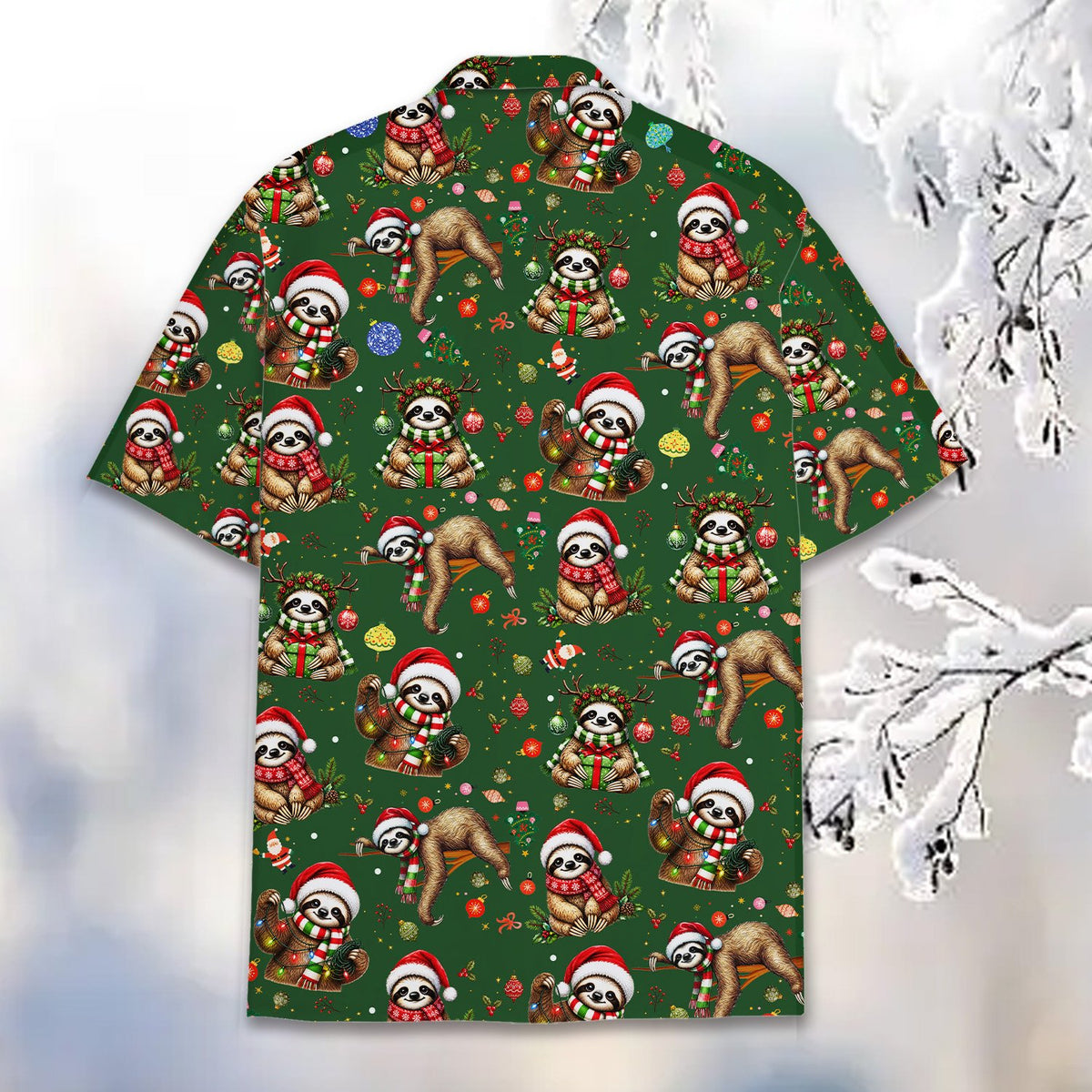 Additional front angle of the Christmas sloths hawaiian shirt