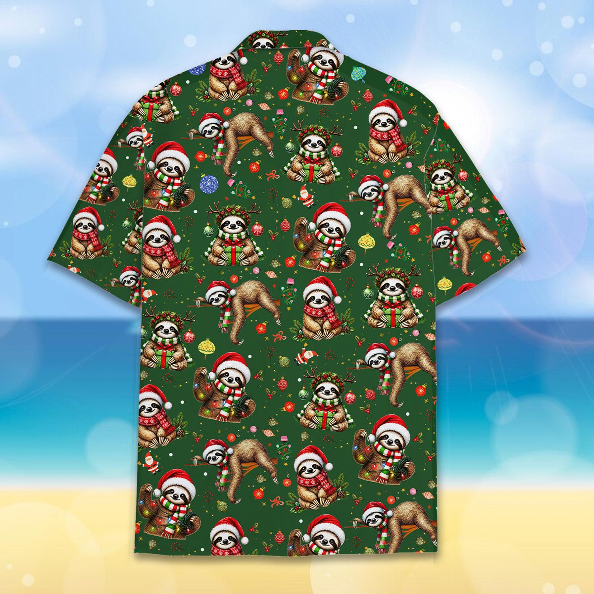 Close up front view of the sloths and candy canes design