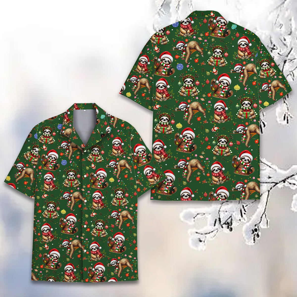 Front view of the Christmas sloths hawaiian shirt