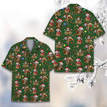 Matching family hawaiian shirts featuring a sloths hawaiian shirt design on a green background, main view