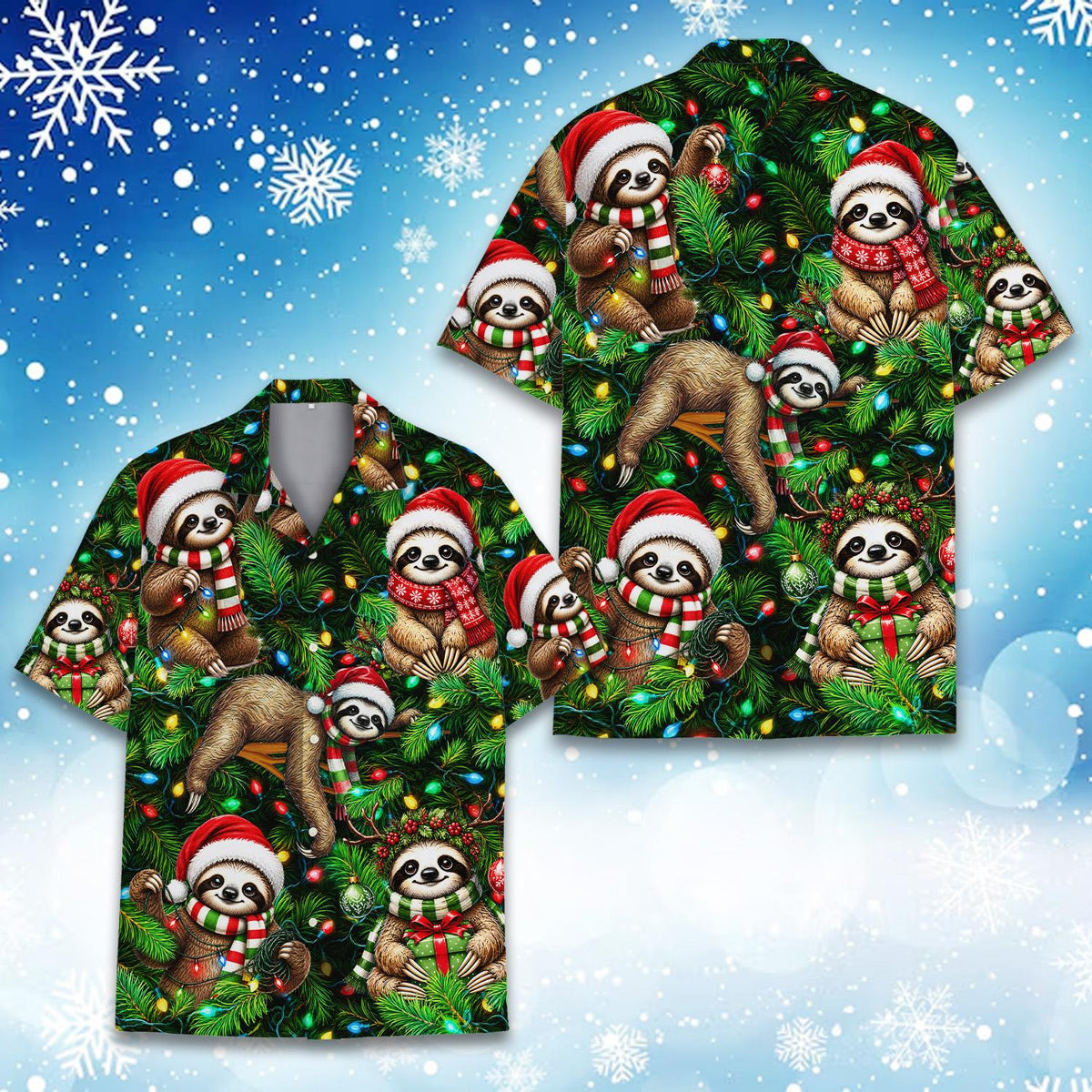 Main view of the matching family hawaiian shirts featuring Christmas sloths